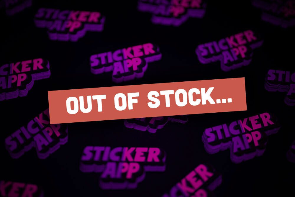 Stacks of stickers on a dark background, showcasing their neon pink glowing effect, with an 'Out of Stock' banner crossing the image.