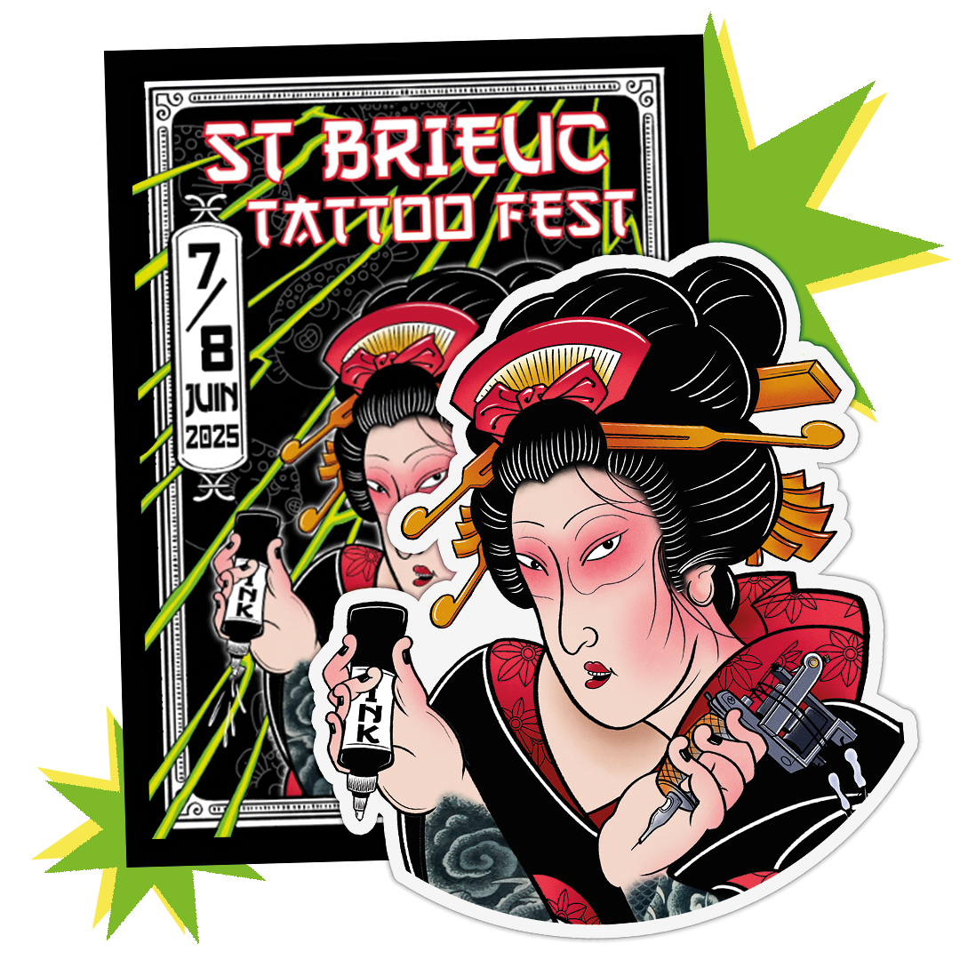 Plakat for St Brieuc Tattoo Fest 2025 med et udstanset klistermærke af en geisha med blæk og tatoveringsmaskine