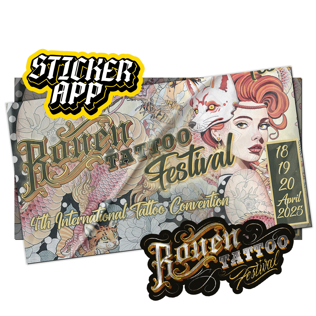 Plakat for Rouen Tattoo Festival 2025 med et StickerApp-klistermærke og et klistermærke med festivalens guldlogo