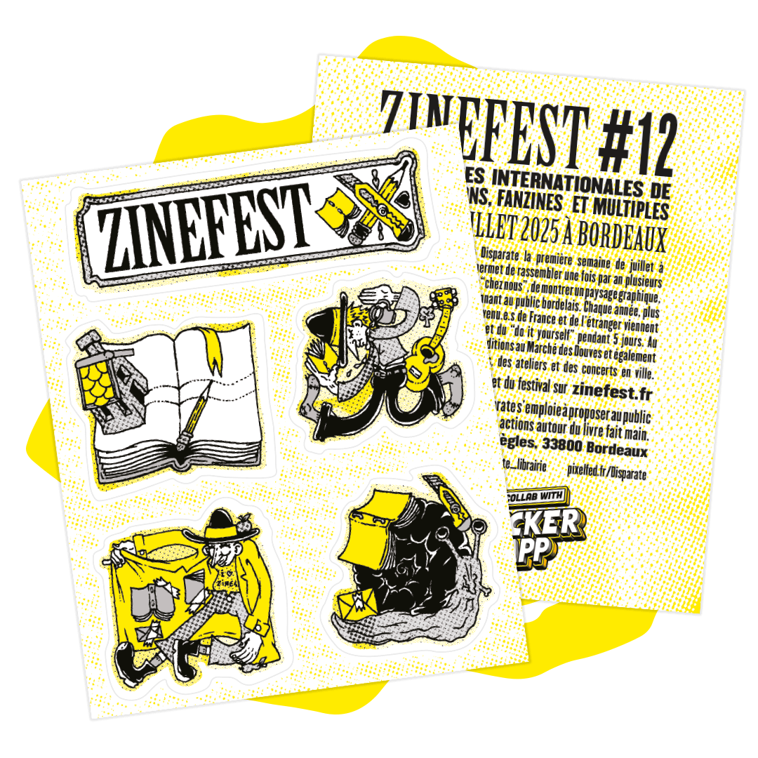 Klistermærkeark fra ZINEFEST Bordeaux med zine-illustrationer ved siden af festivalflyeren