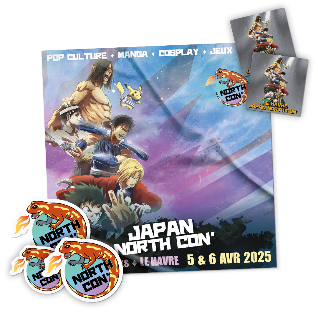 Animeplakat for Japan North Con' 2025 i Le Havre med udstansede klistermærker med salamanderlogoet