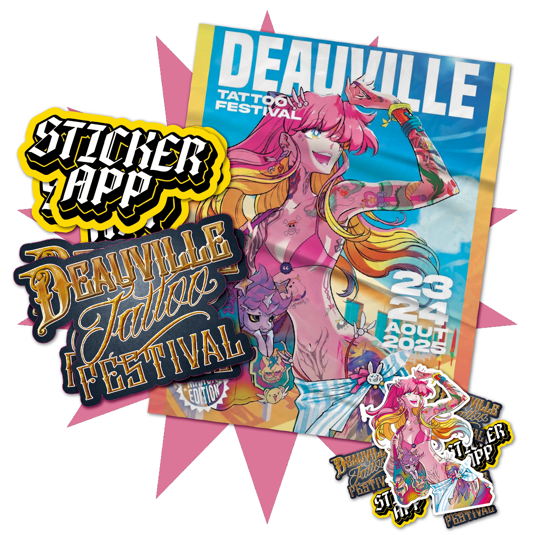 Plakat for Deauville Tattoo Festival med en tatoveret kvinde i animestil og StickerApp-klistermærker fra samarbejdet