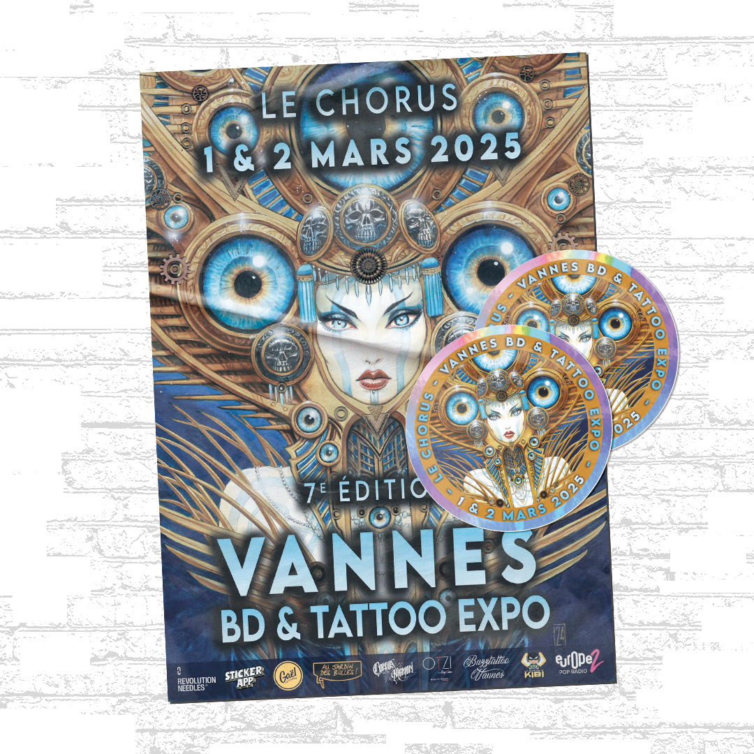 Plakat for Vannes BD & Tattoo Expo 2025 med matchende runde holografiske klistermærker