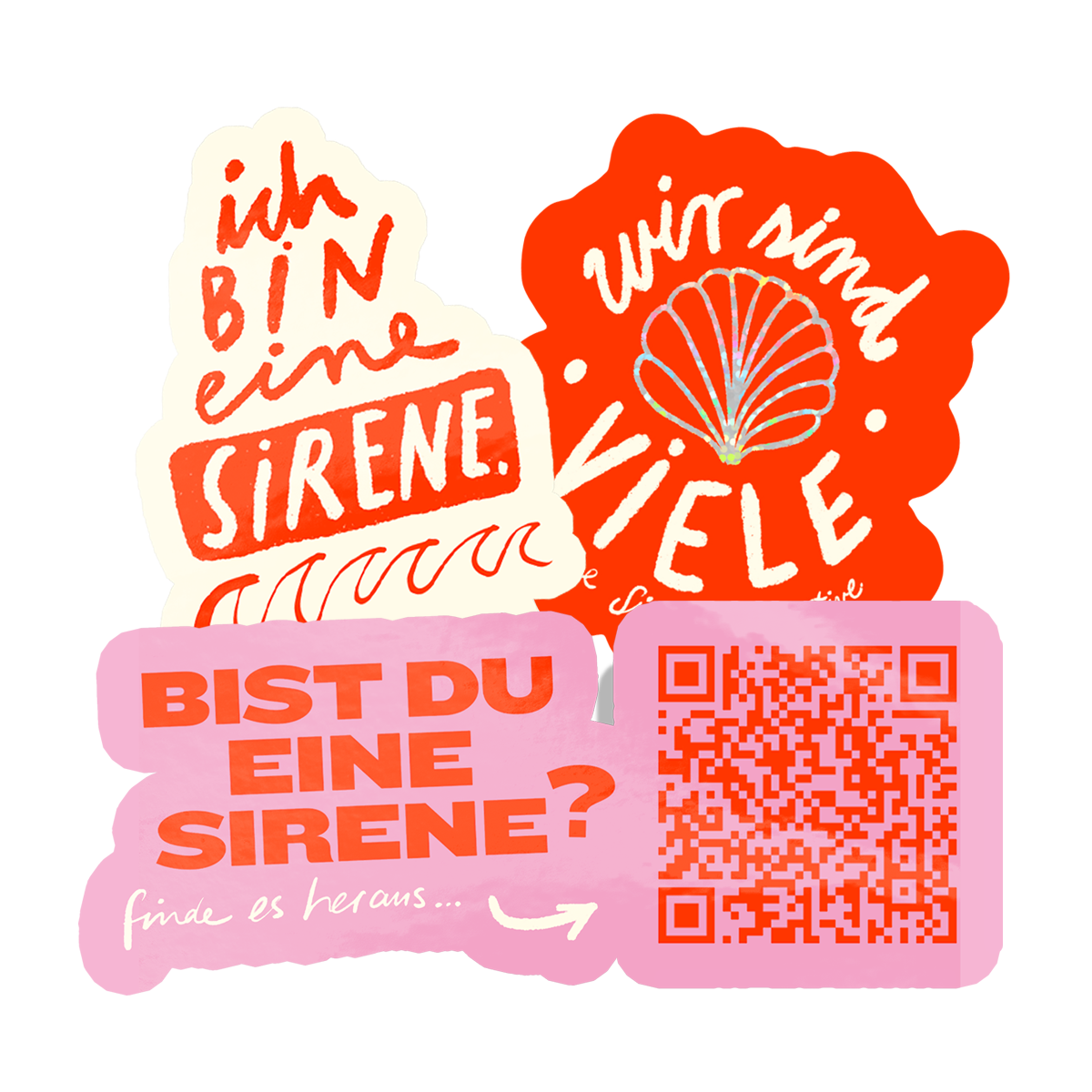 Collage af udstansede klistermærker trykt på vinyl og glimmer fra Sirens Collective