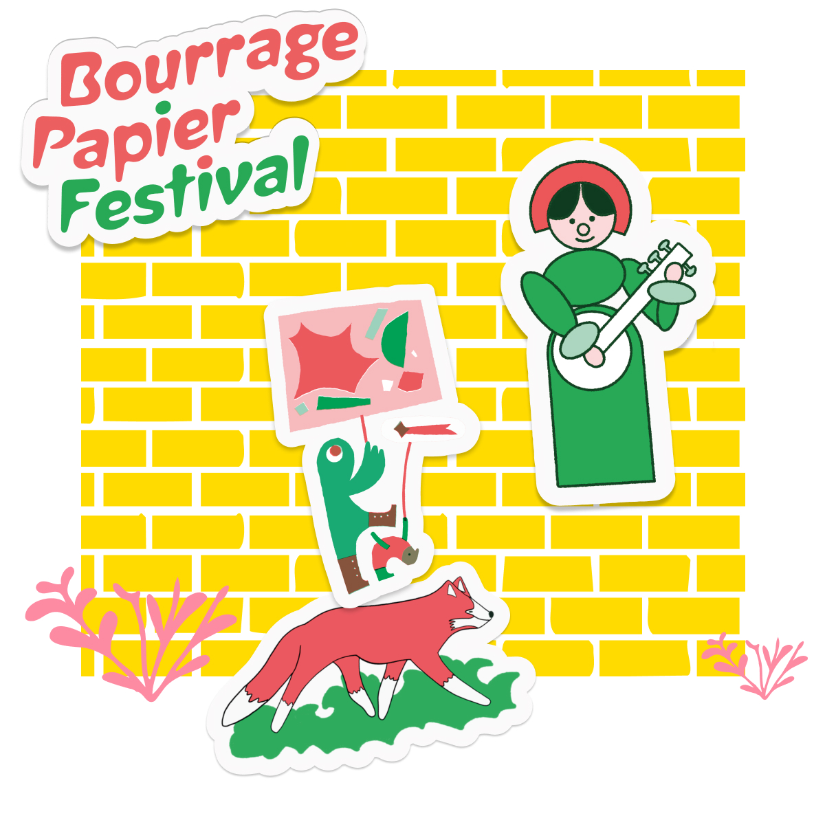Klistermærker fra Bourrage Papier Festival med en ræv, en banjospiller og en figur med skilt på en gul murstensvæg
