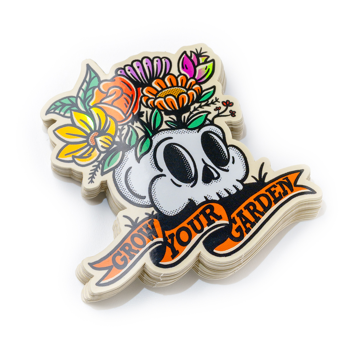 Illustration of a skull with colorful flowers on top and a banner reading "Grow Your Garden."