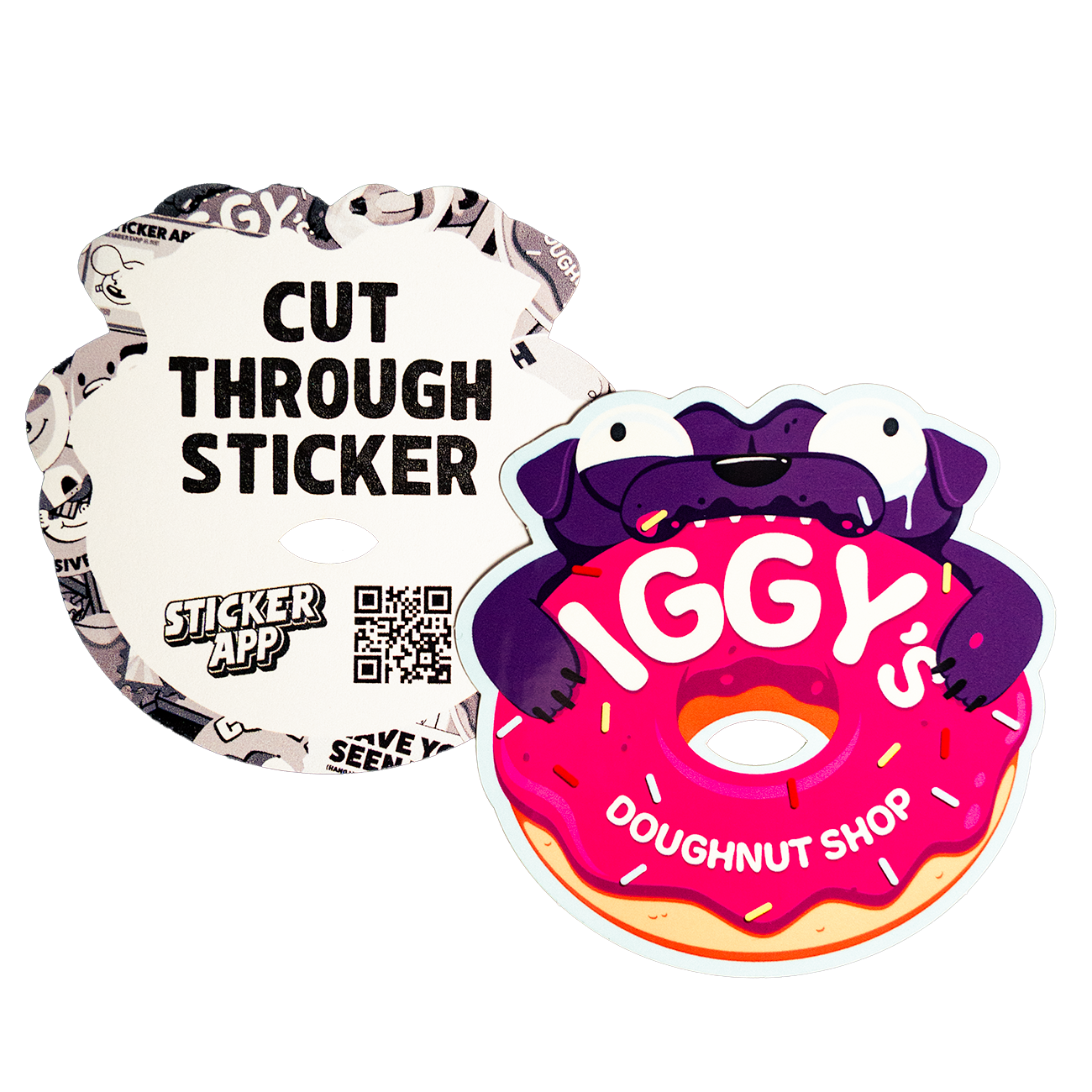 Through-cut vinyl sticker showing a glazed donut with the text "IGGY's Donughnut shop"