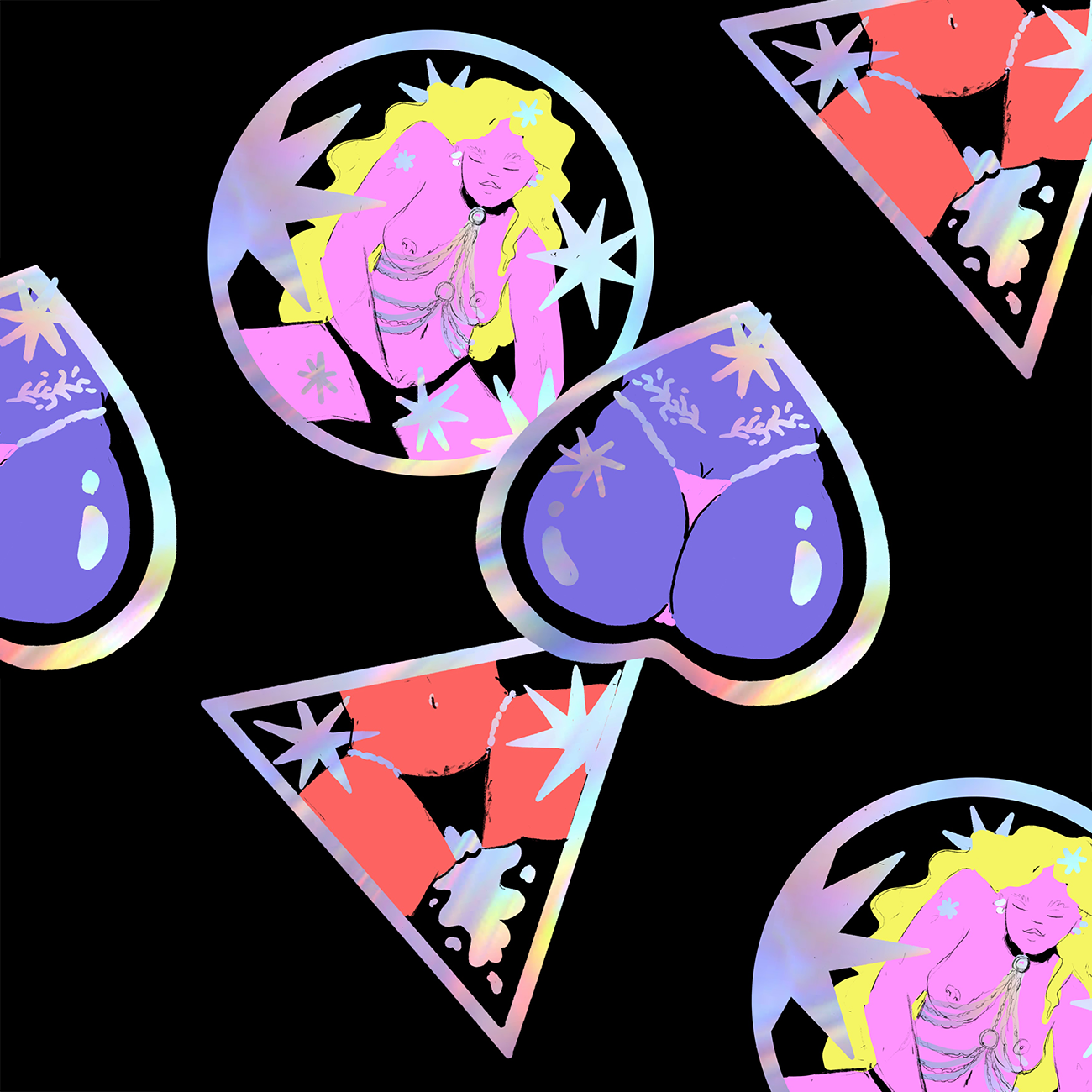 Abstract stickers with pastel-colored figures inside circle, heart, and triangle shapes on a black background.