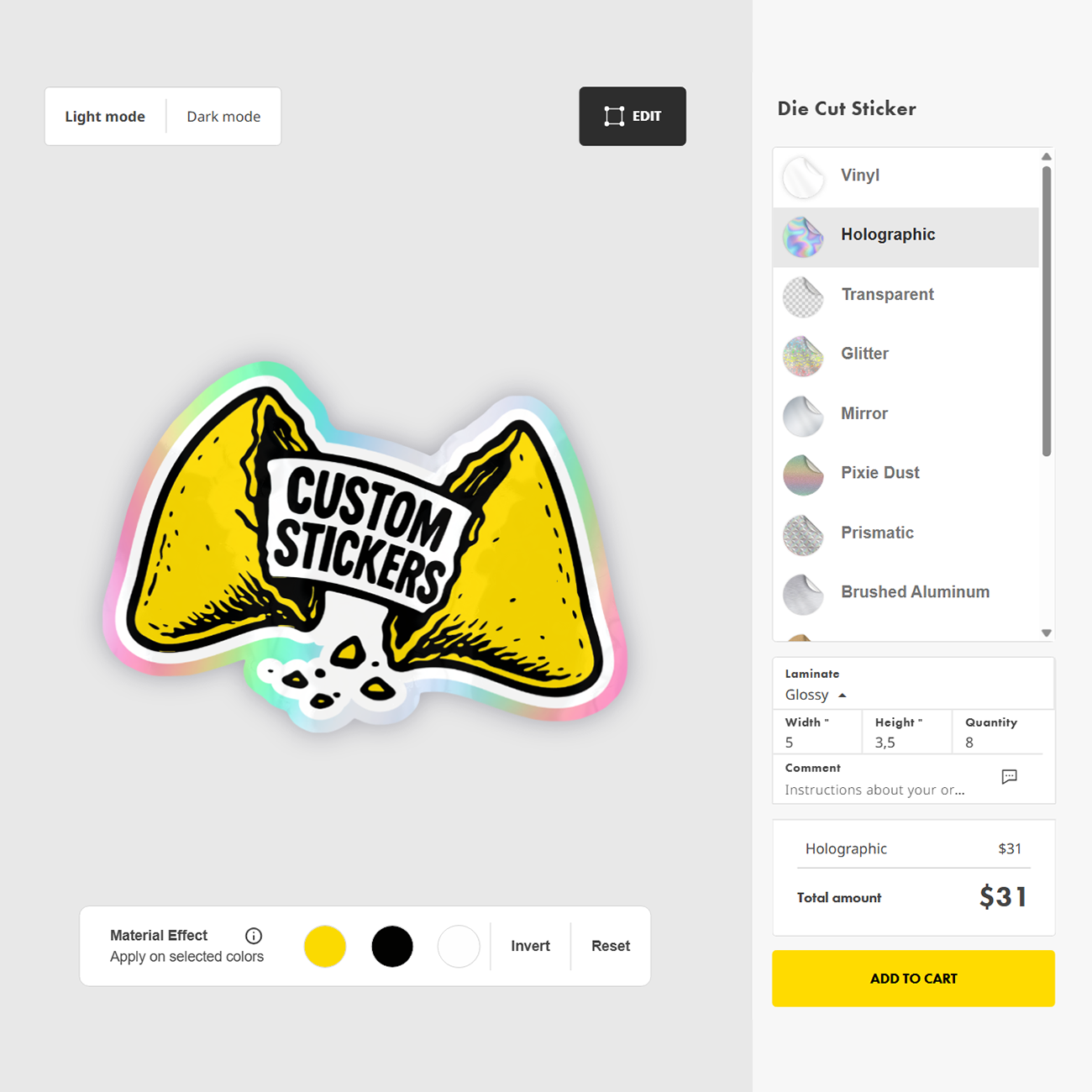 A custom sticker design of a fortune cookie with the text "CUSTOM STICKERS" displayed on an online storefront page.