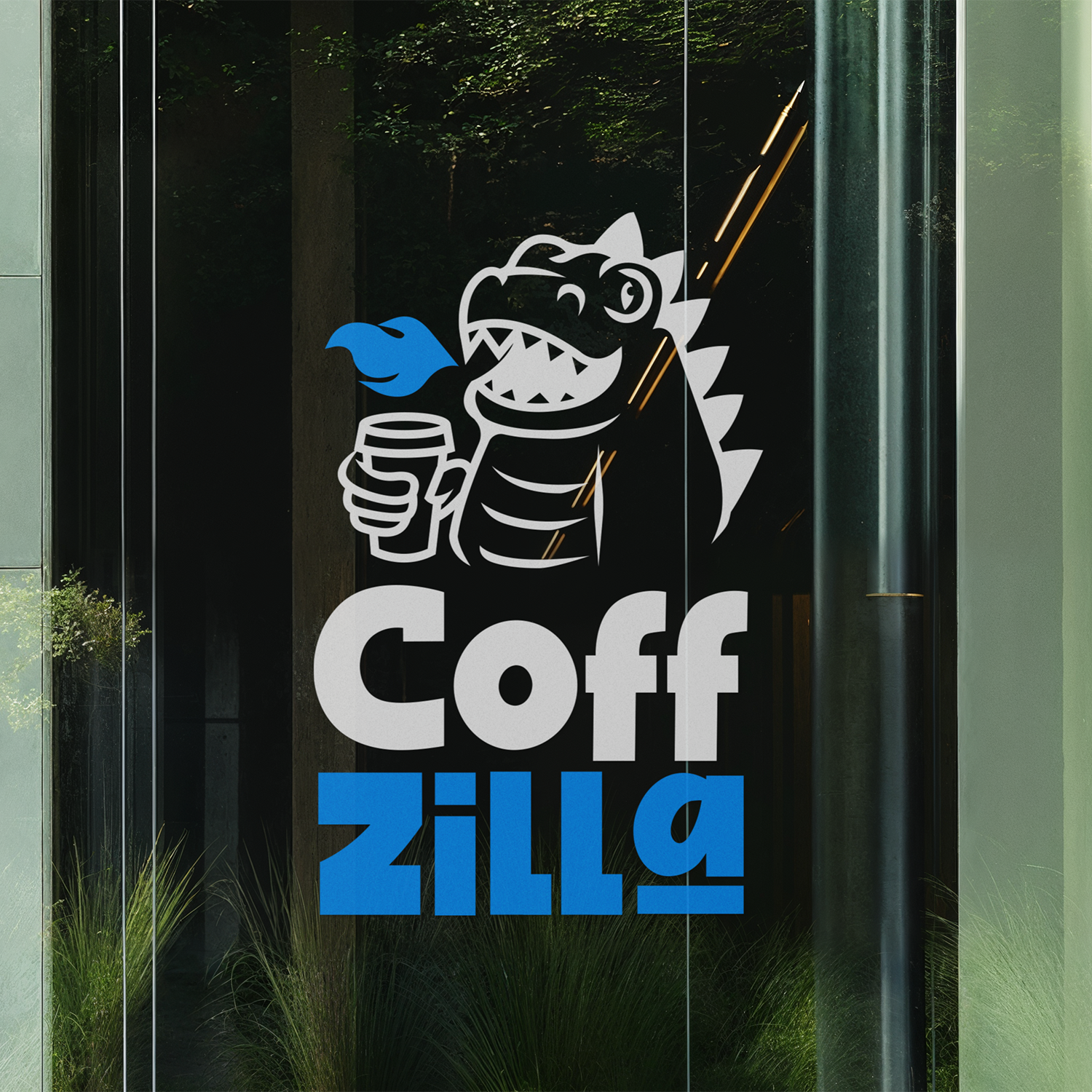 Vinyloverførsel af "CoffZilla" med en tegneseriedrage, der holder en kaffekop, med stiliseret blå og hvid tekst på en glasoverflade.