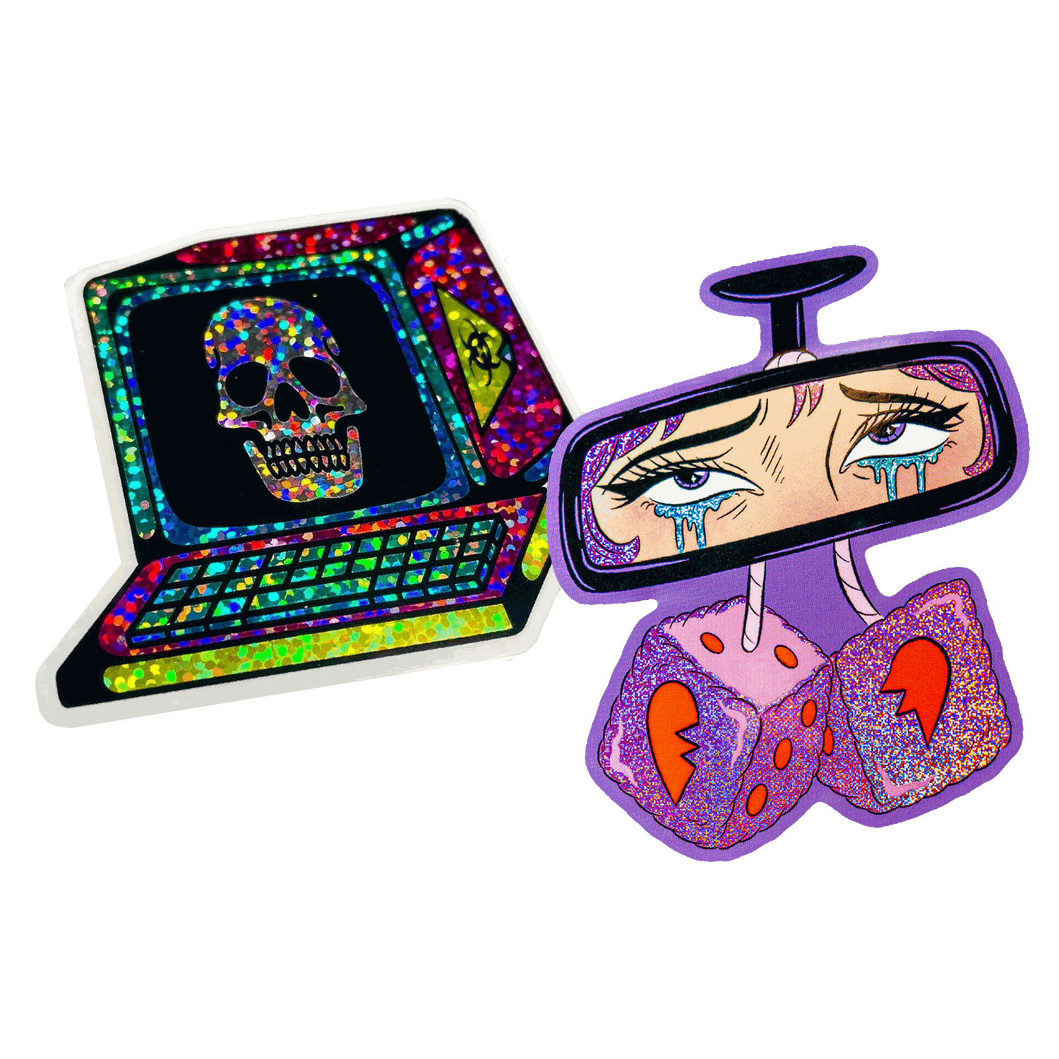 Konturskåret glitterklistermærke af en retrocomputer med et kranie på skærmen ved siden af et konturskåret Pixie Dust-klistermærke af et bakspejl med tårevædede øjne og plysterninger