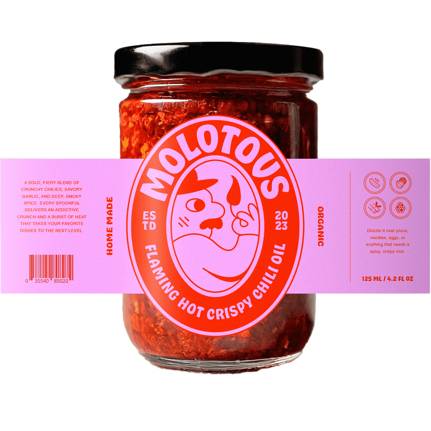 Glasburk med Molotous Flaming Hot Crispy Chili Oil og en lyserød og rød egen etiket hele vejen rundt