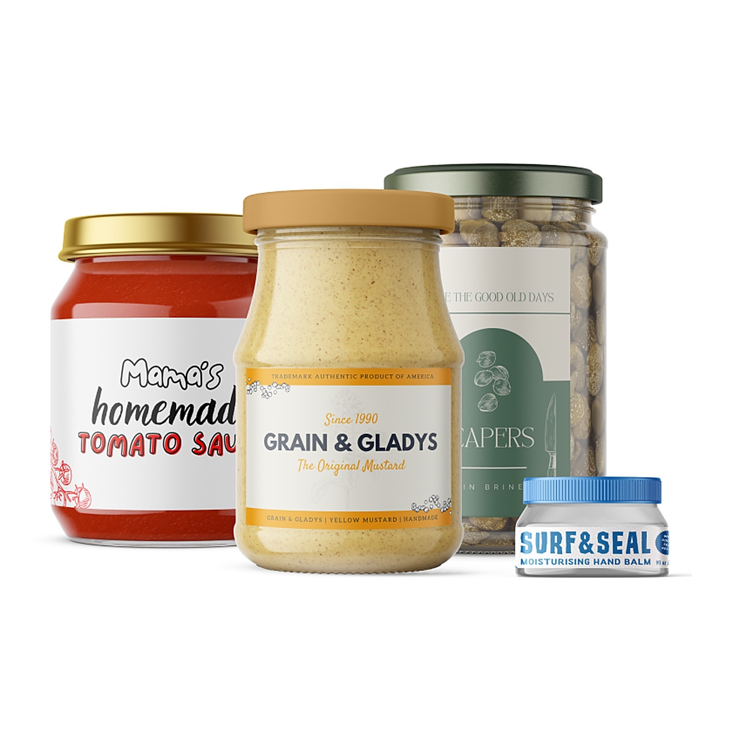 Egne etiketter på glas: "Mama's homemade tomato sauce", "Grain & Gladys" sennep, kapers og en dåse "Surf & Seal" håndbalsam