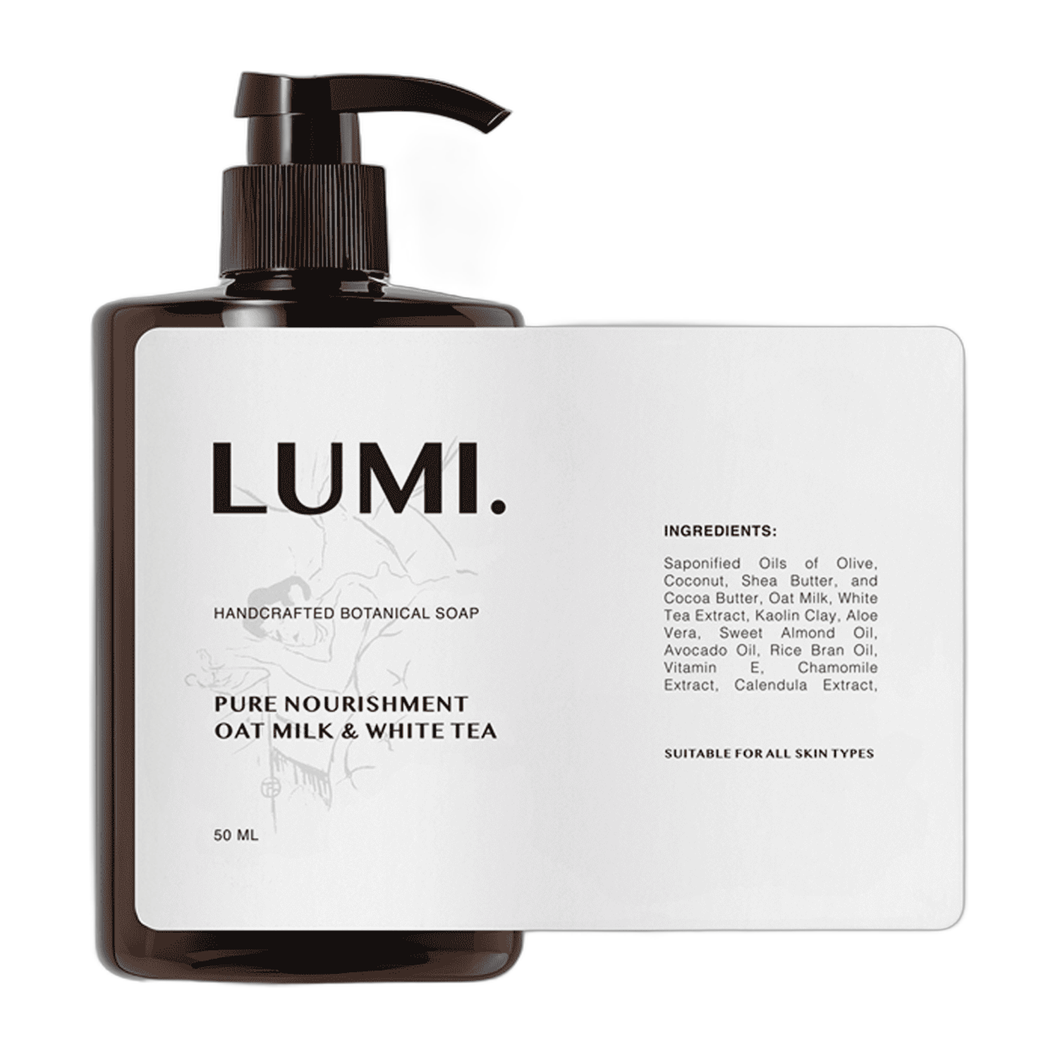Brun pumpeflaske med LUMI håndlavet botanisk sæbe og en hvid egen etiket, vist ved siden af hele etiketten fladt med ingredienser