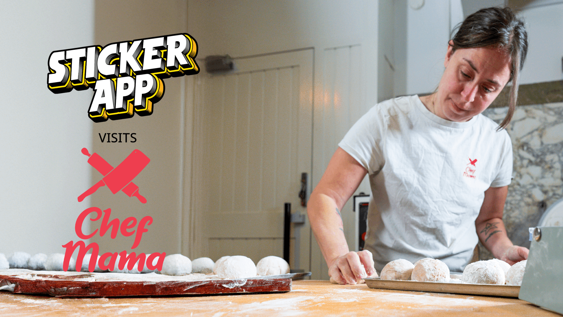 Chef Mama rolling bagels. "Sticker App visits Chef Mama."