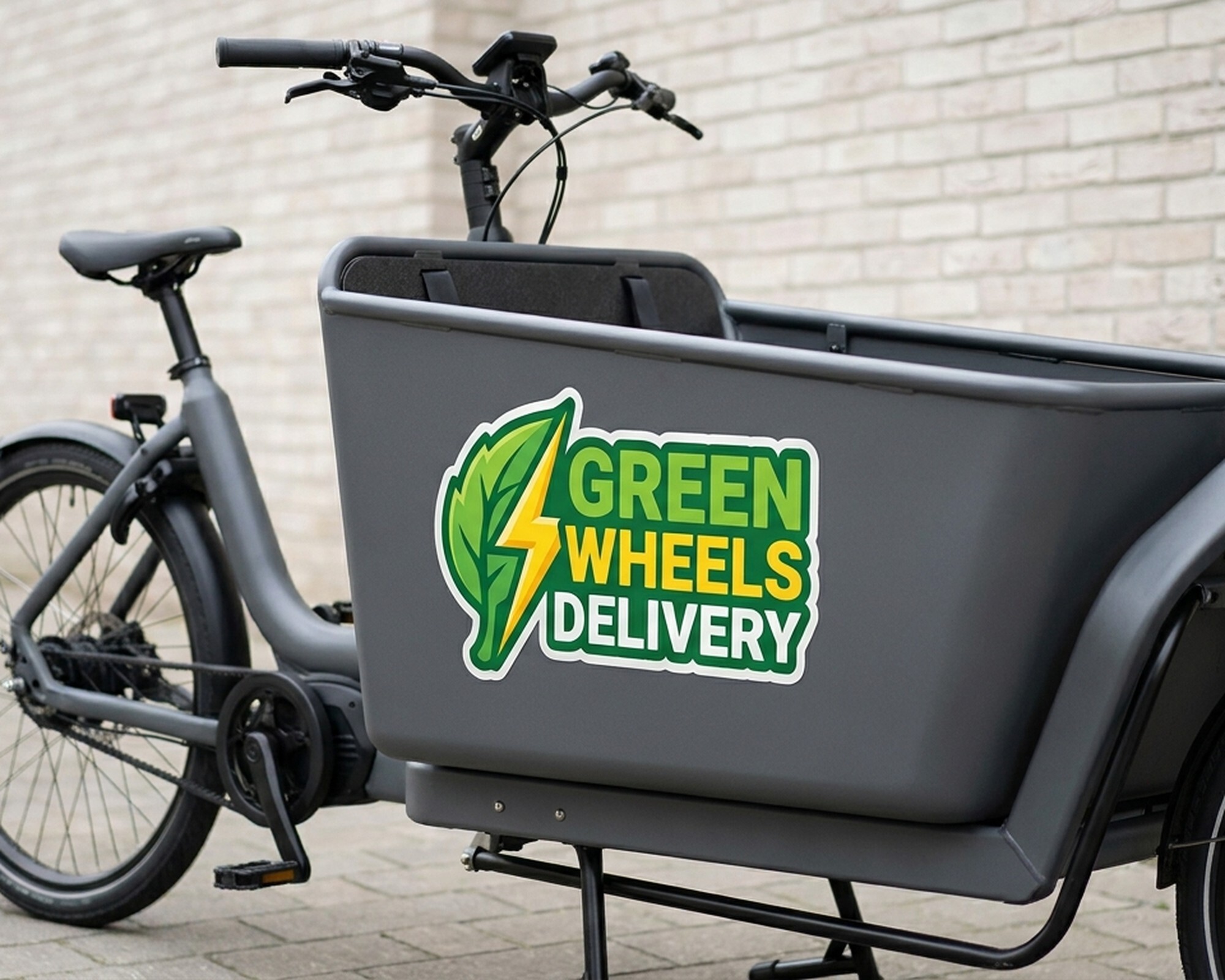 Konturskåret decal med et logo med blad og lyn og teksten "Green Wheels Delivery" på kassen på en ladcykel