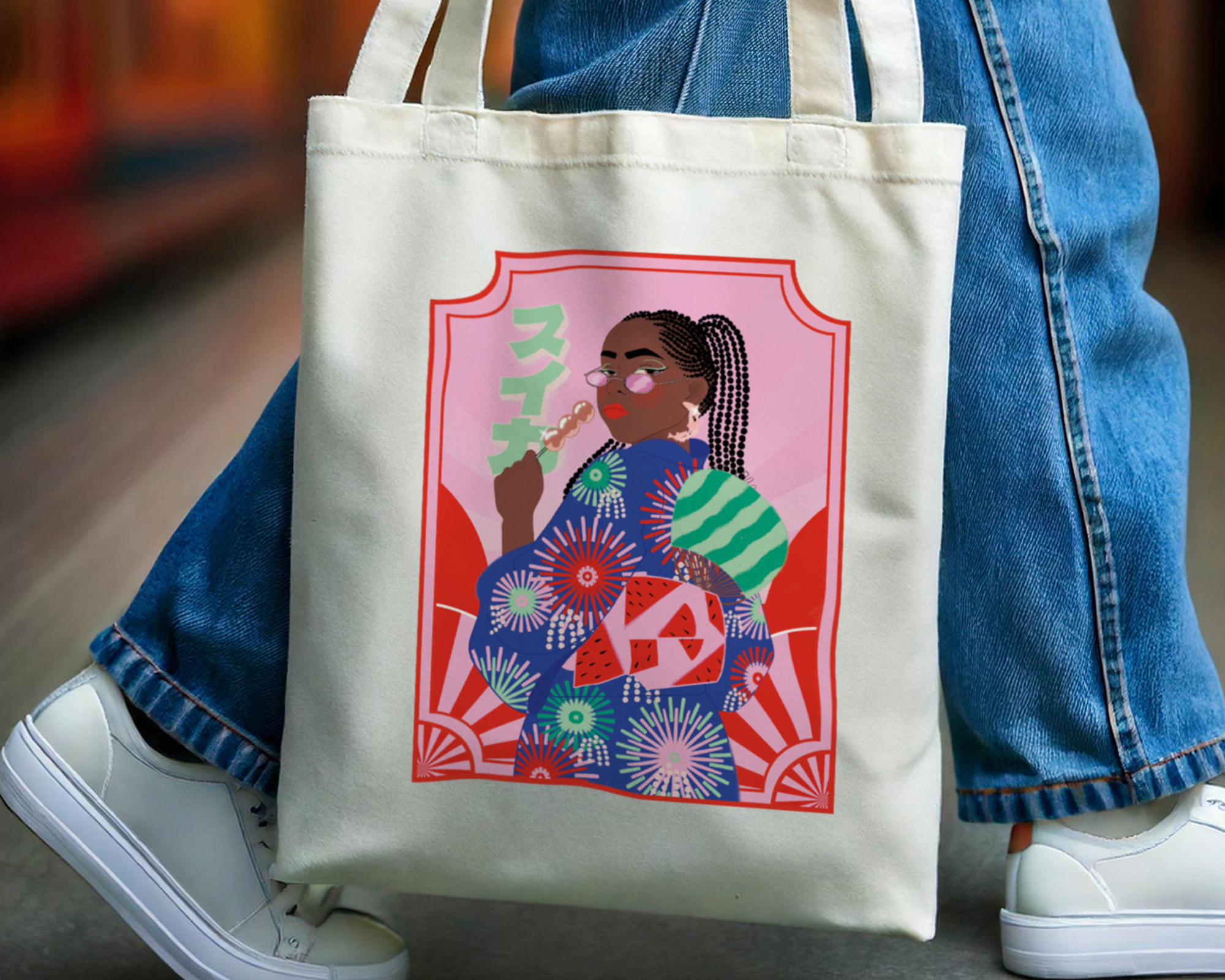 Tote bag with colorful heat transfer of a person blowing bubble gum, wearing a patterned outfit, and surrounded by abstract designs.
