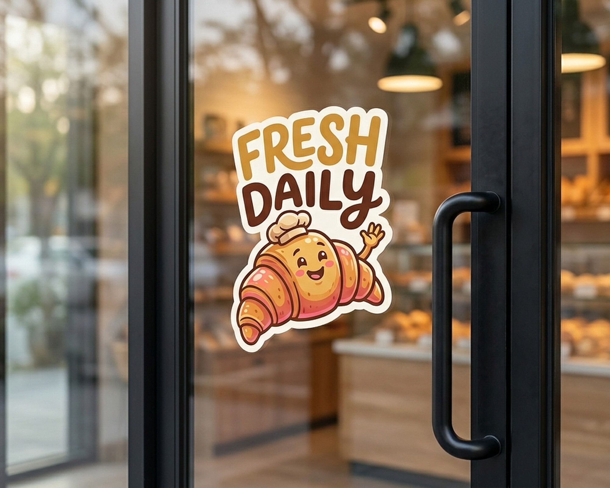 Konturskåret decal med en smilende croissant og teksten "Fresh Daily" på et bageris glasdør