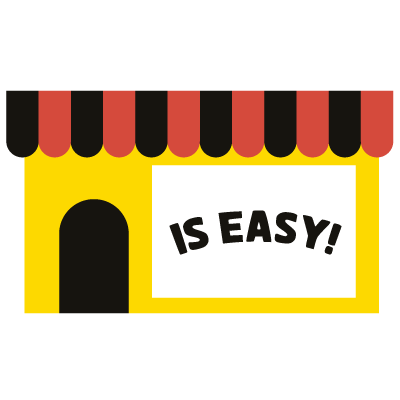 Gul butiksfacade med rød og sort markise og et "Is easy!"-skilt, ikon for Decals