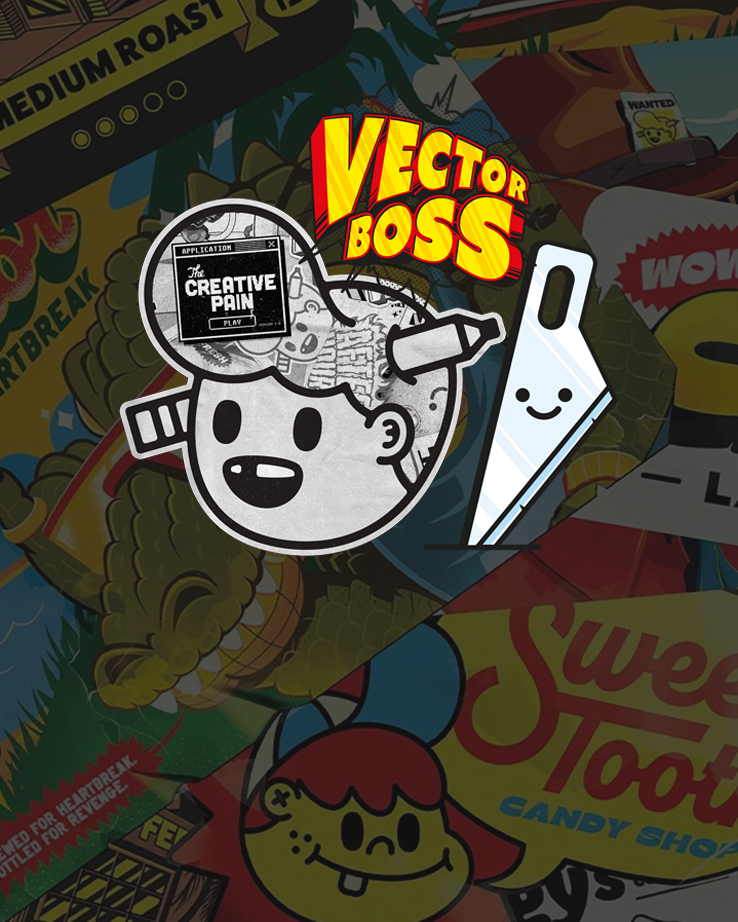 den kreative smerte-klistermærkecollage med klistermærker og blyanthoved