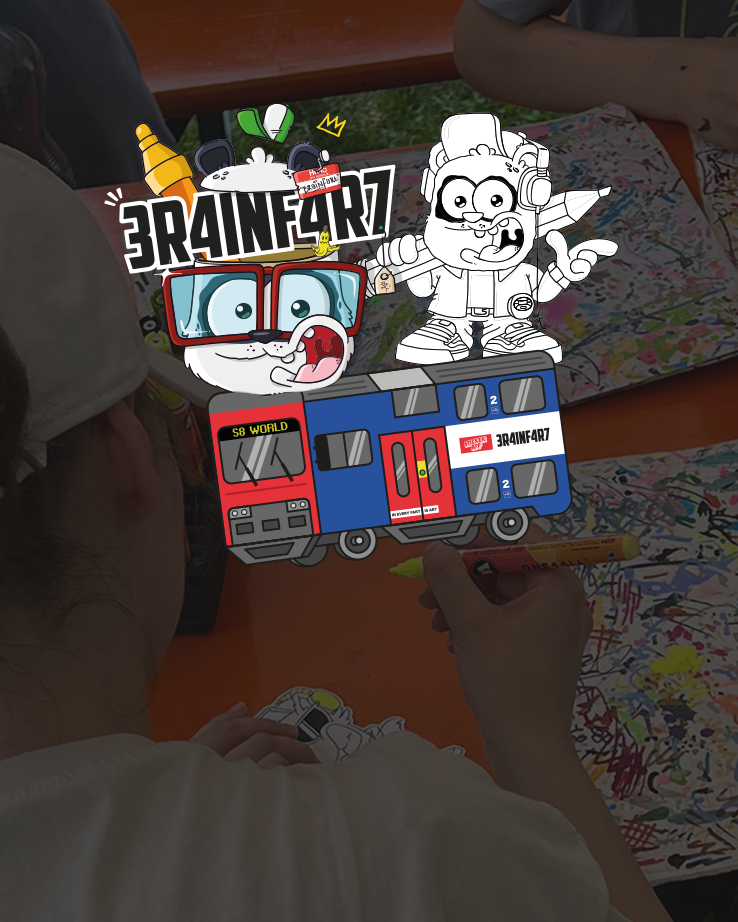 Brainfart x StickerApp-klistermærkeillustration af tegneseriefigurer på et S8 World-tog med en tegneworkshop fra festivalen i baggrunden