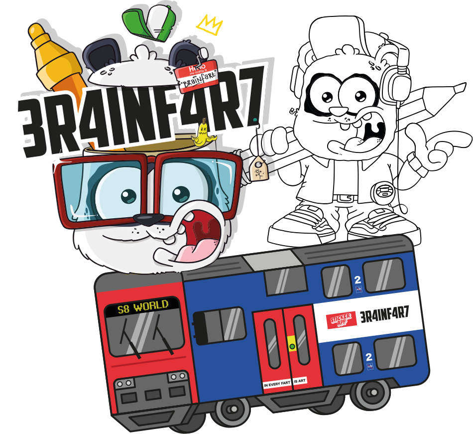 Brainfart x StickerApp-illustration med 3R4INF4R7-logoet, to tegneseriefigurer og et S8 World-pendlertog